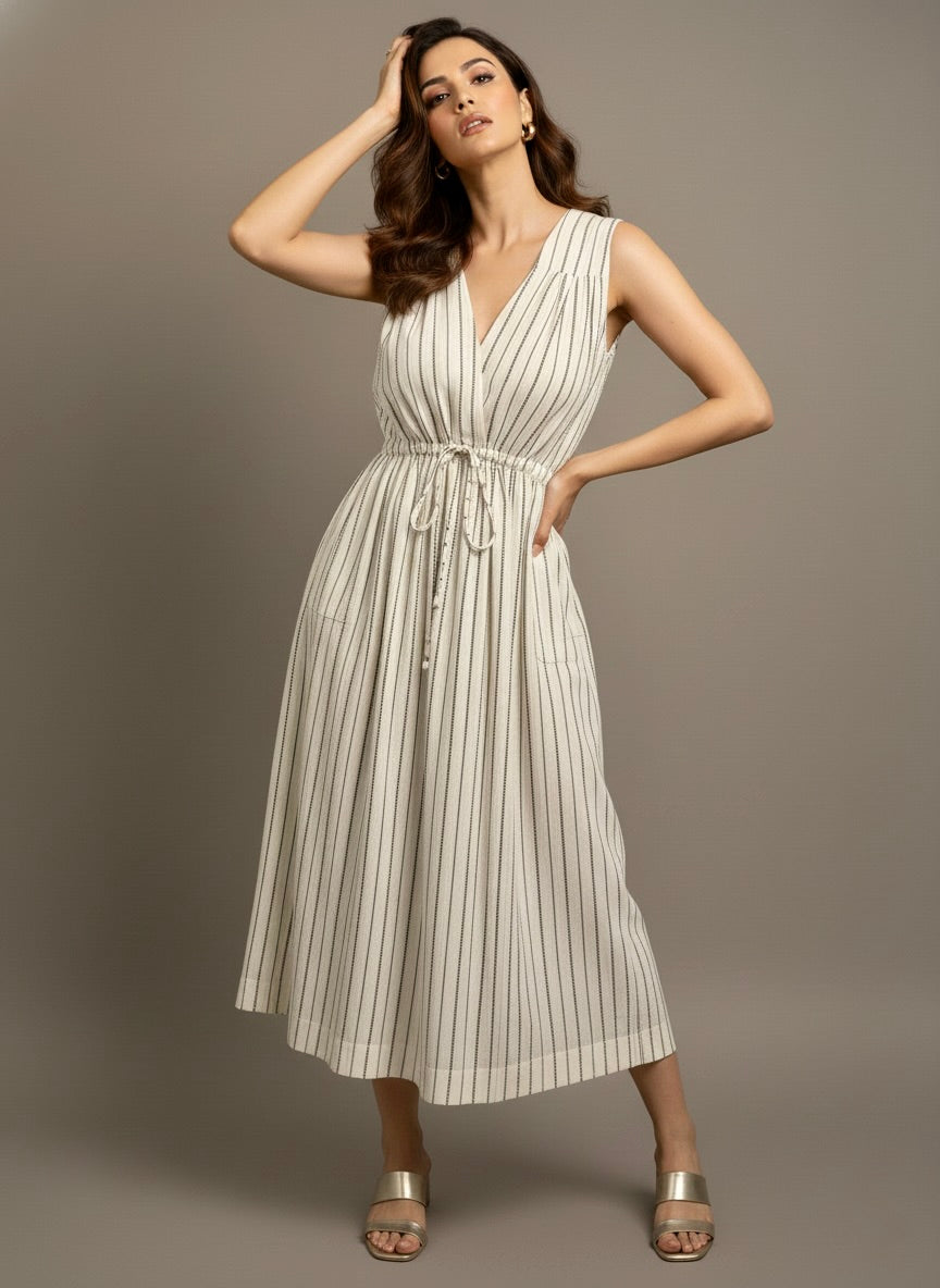 Ivory Striped SleevelessDress