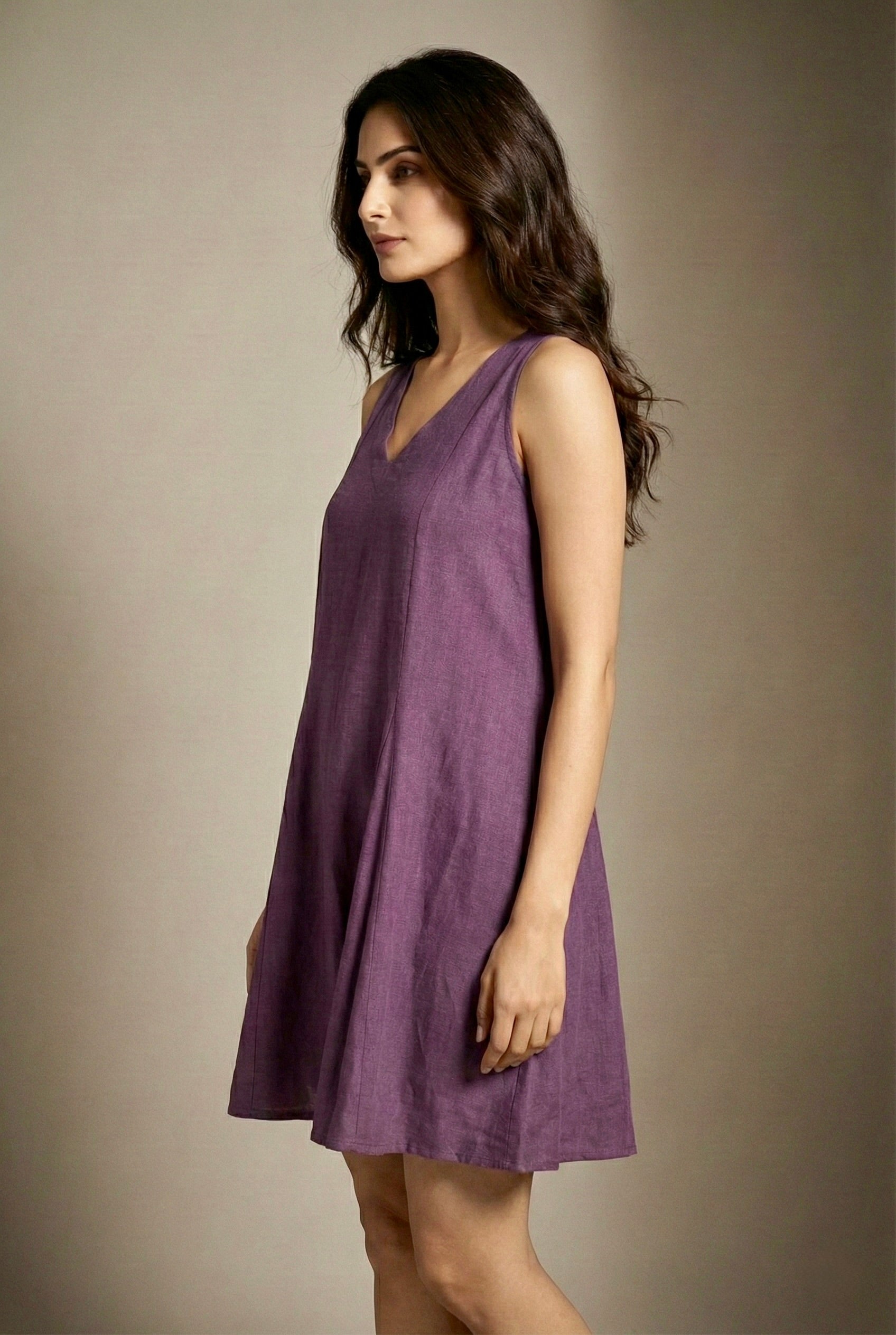 PURPLE DRAPED SLEEVELESS DRESS